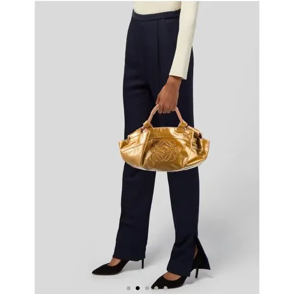 LOEWE Aire Bronze Gold Metallic Patent Leather Bag Medium Top Handle Crinkled - Picture 2 of 15